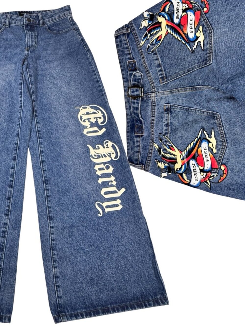 Ed Hardy Born Free Wide Leg Baggy Jeans Size 28 Cinch Back Swallows Y2K Skater